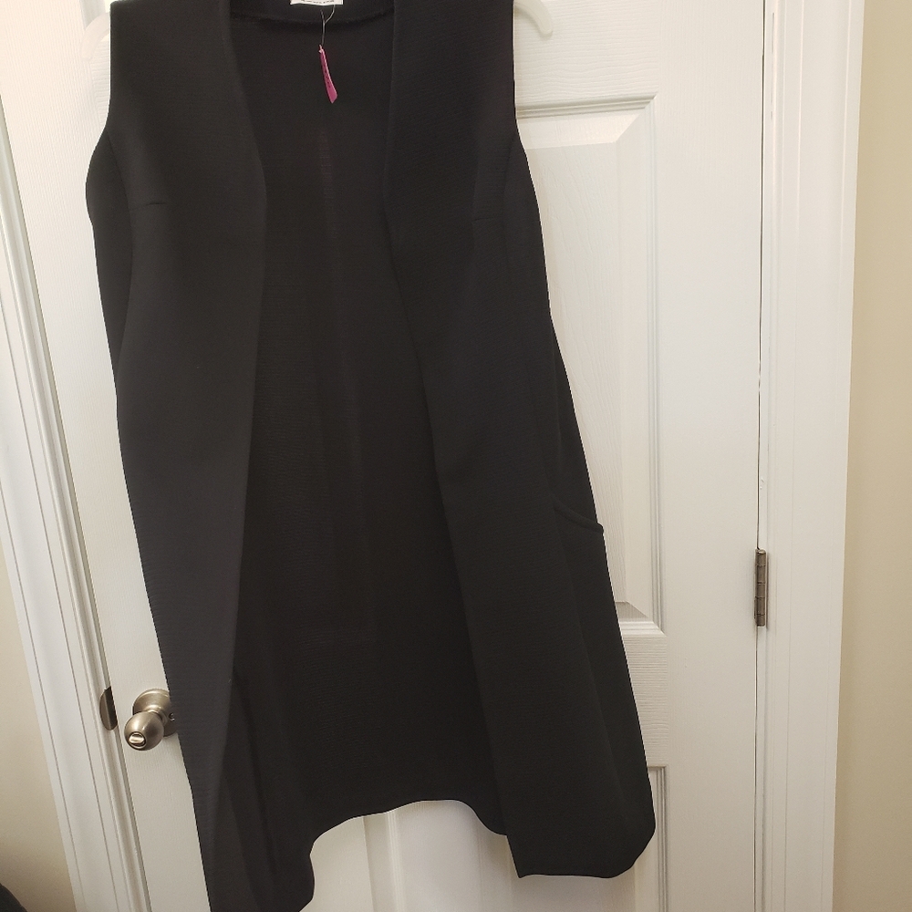 The Collection, black open front, textured, long sleeveless vest cardigan, LG - Picture 15 of 16